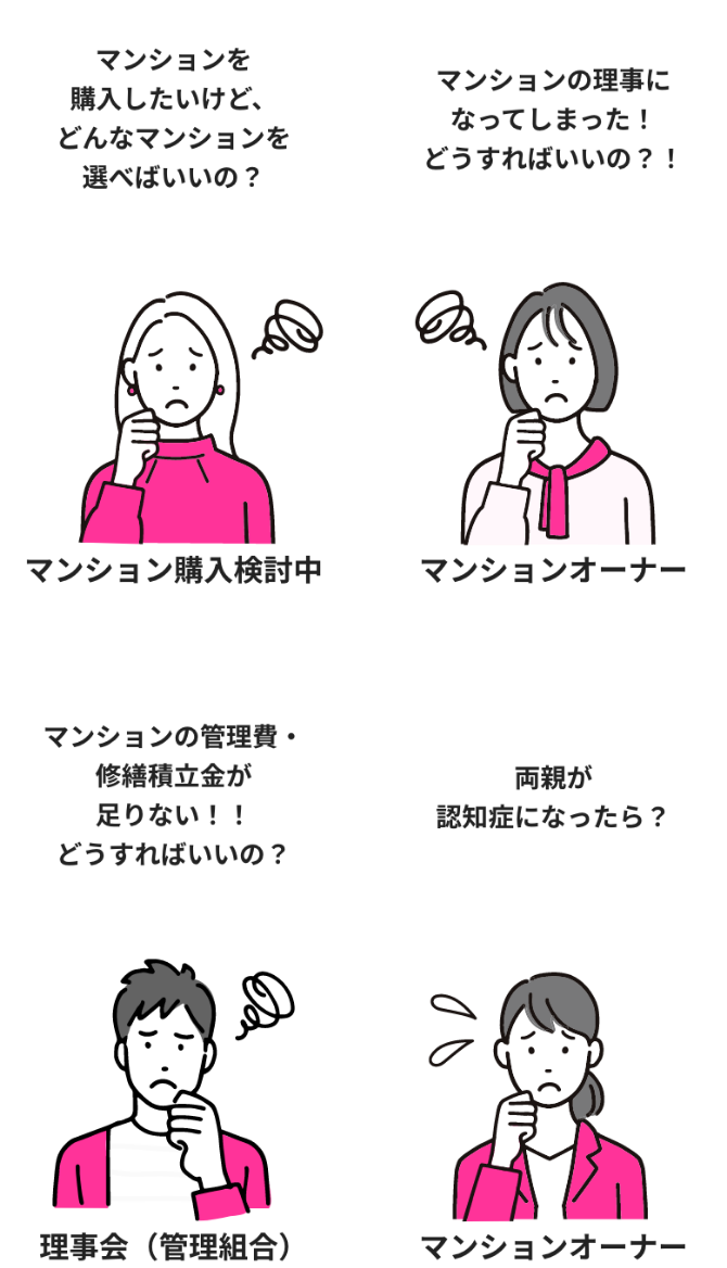 マンションを 購入したいけど、 どんなマンションを 選べばいいの？マンションの理事に なってしまった！ どうすればいいの？！マンションの管理費・ 修繕積立金が 足りない！！ どうすればいいの？両親が 認知症になったら？